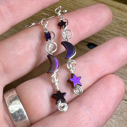 Hematite Moon & Star earrings - purple