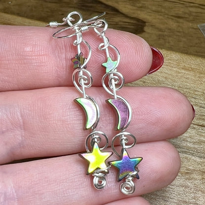 Hematite Moon & Star earrings - pink/green