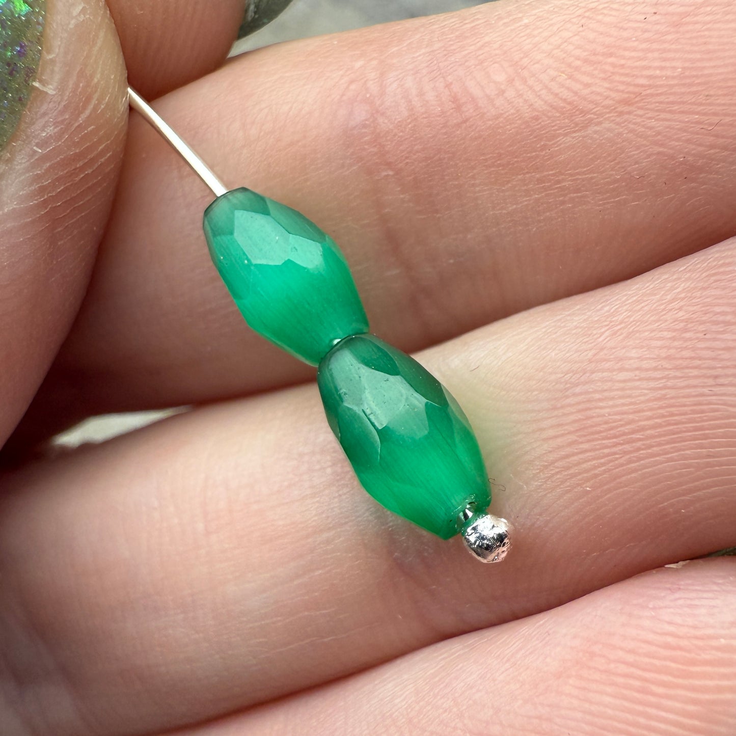 Vintage Green Cat’s-Eye Glass Faceted Ovals