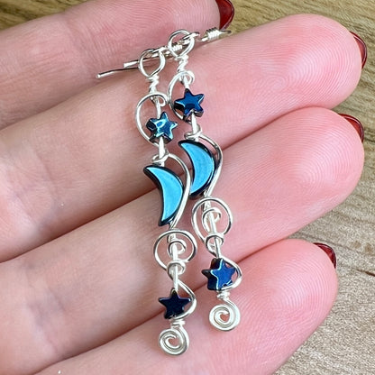 Hematite Moon & Star earrings - blue