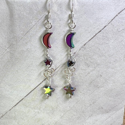 Hematite Moon & Star earrings - dark rainbow