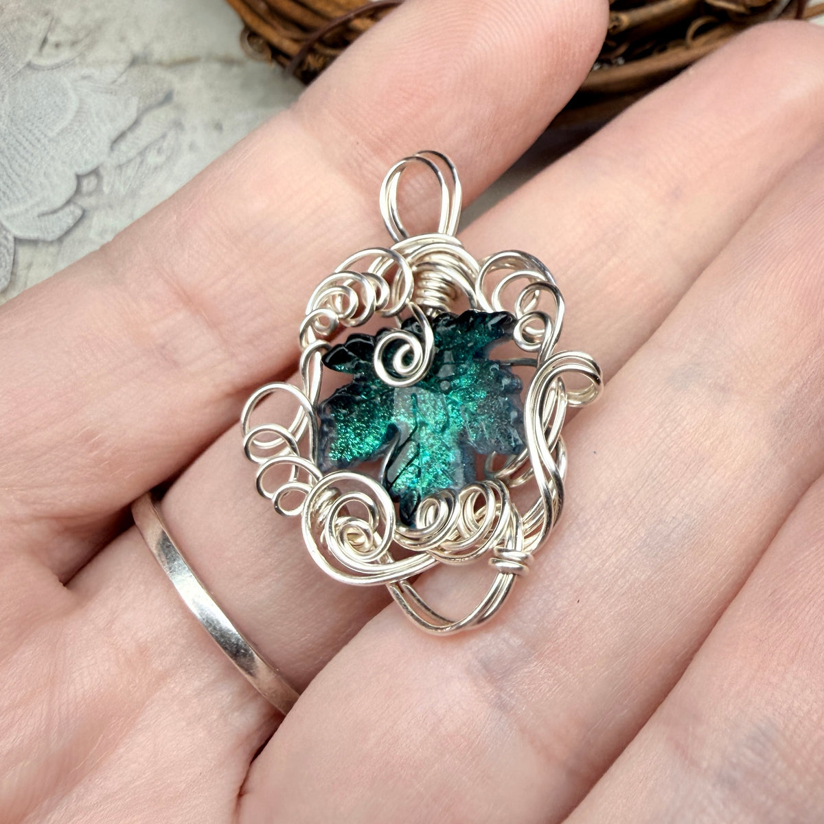 on autumn winds: teal leaf pendant
