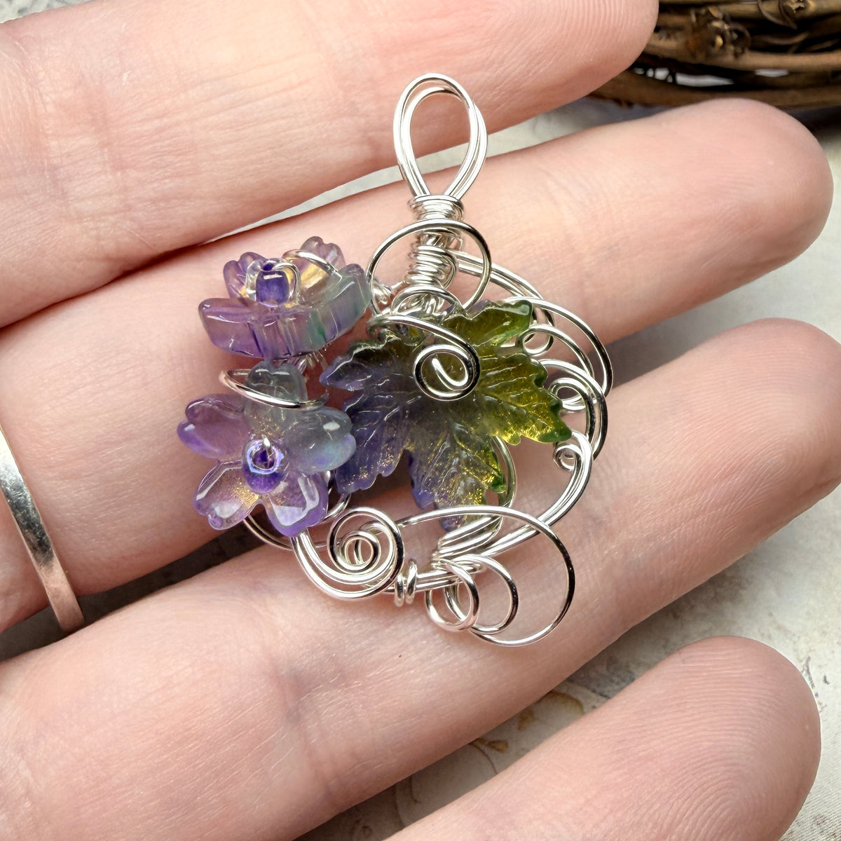 on autumn winds: purple and green pendant