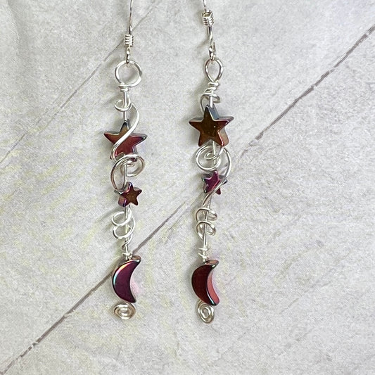 Hematite Moon & Star earrings - red/gold