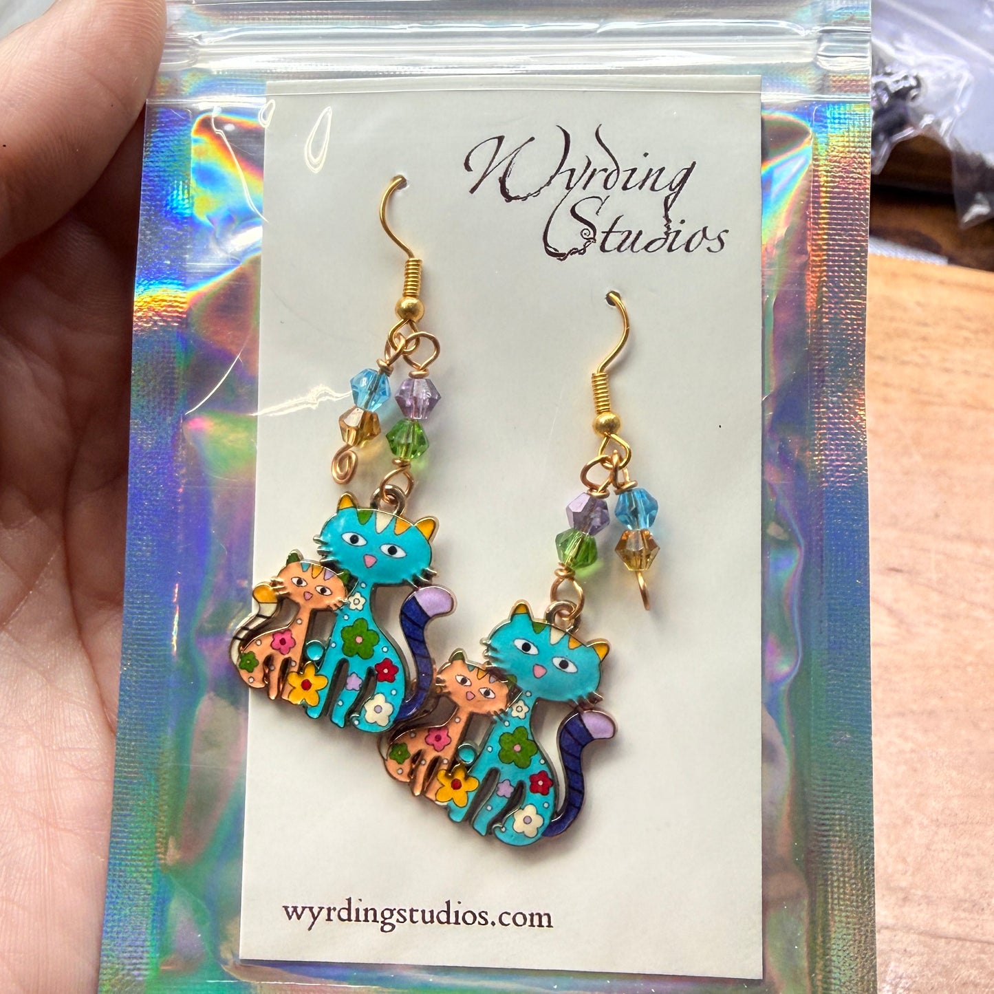 Magpie Rummage Sale - kitty earrings (blue and gold)