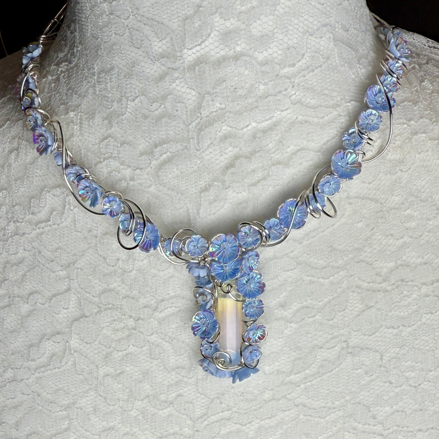 on the turning tide - sea opal and flower necklace