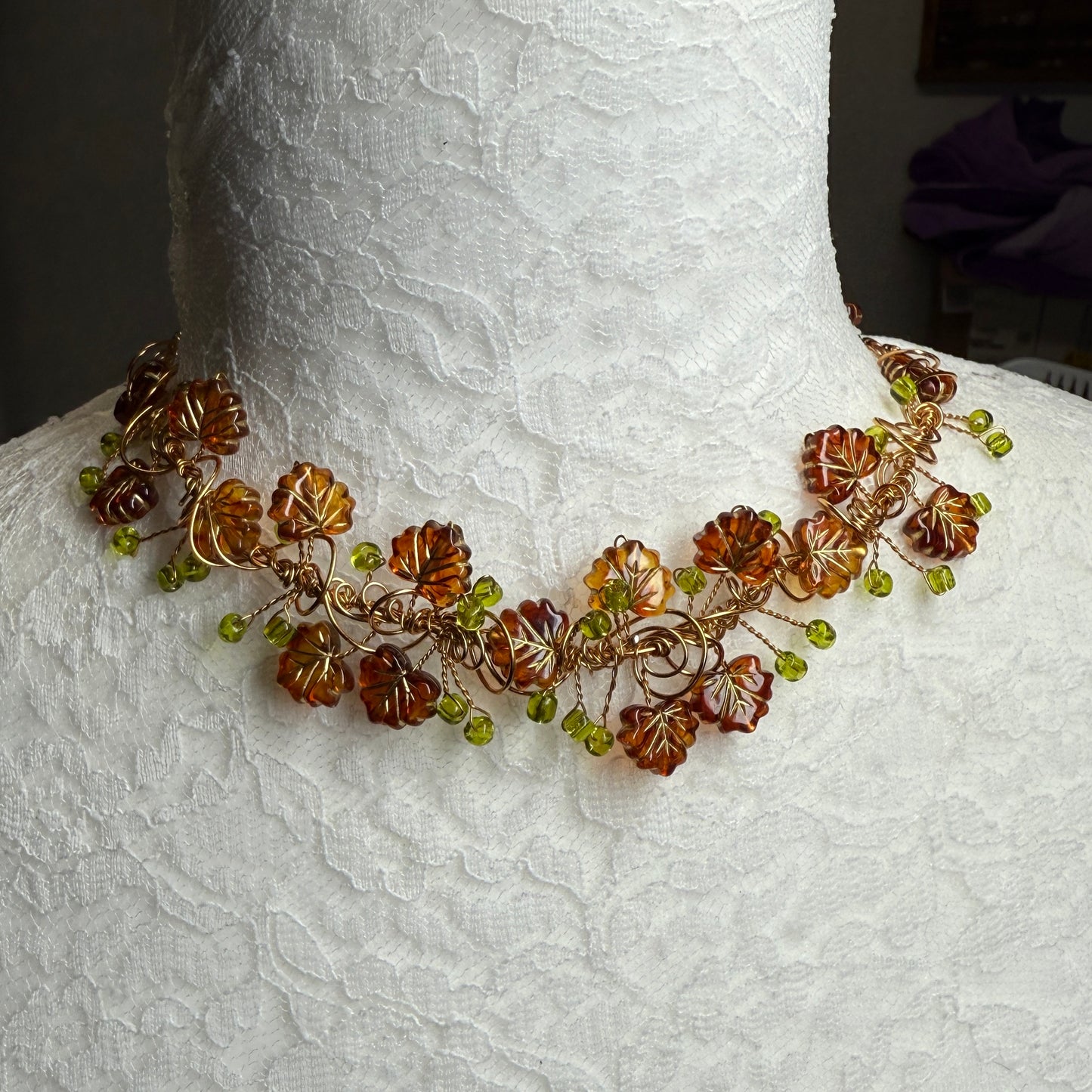 in the waiting woods - brown & green leaf necklace