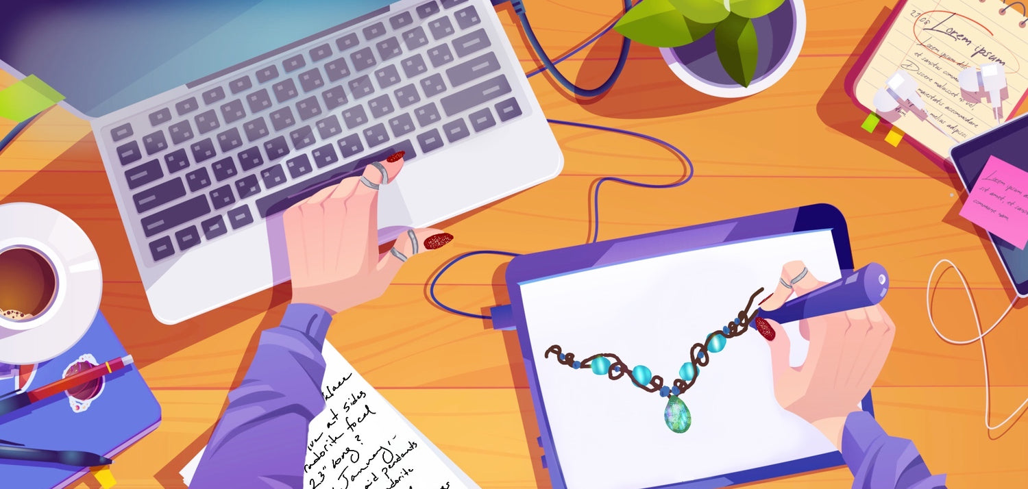 A cartoon drawing of a desk with a laptop and tablet. A woman's hands are visible, one typing on the laptop and the other drawing a necklace on the tablet with a stylus. There is a page of handwritten notes and a mug of coffee and a plant on the desk.
