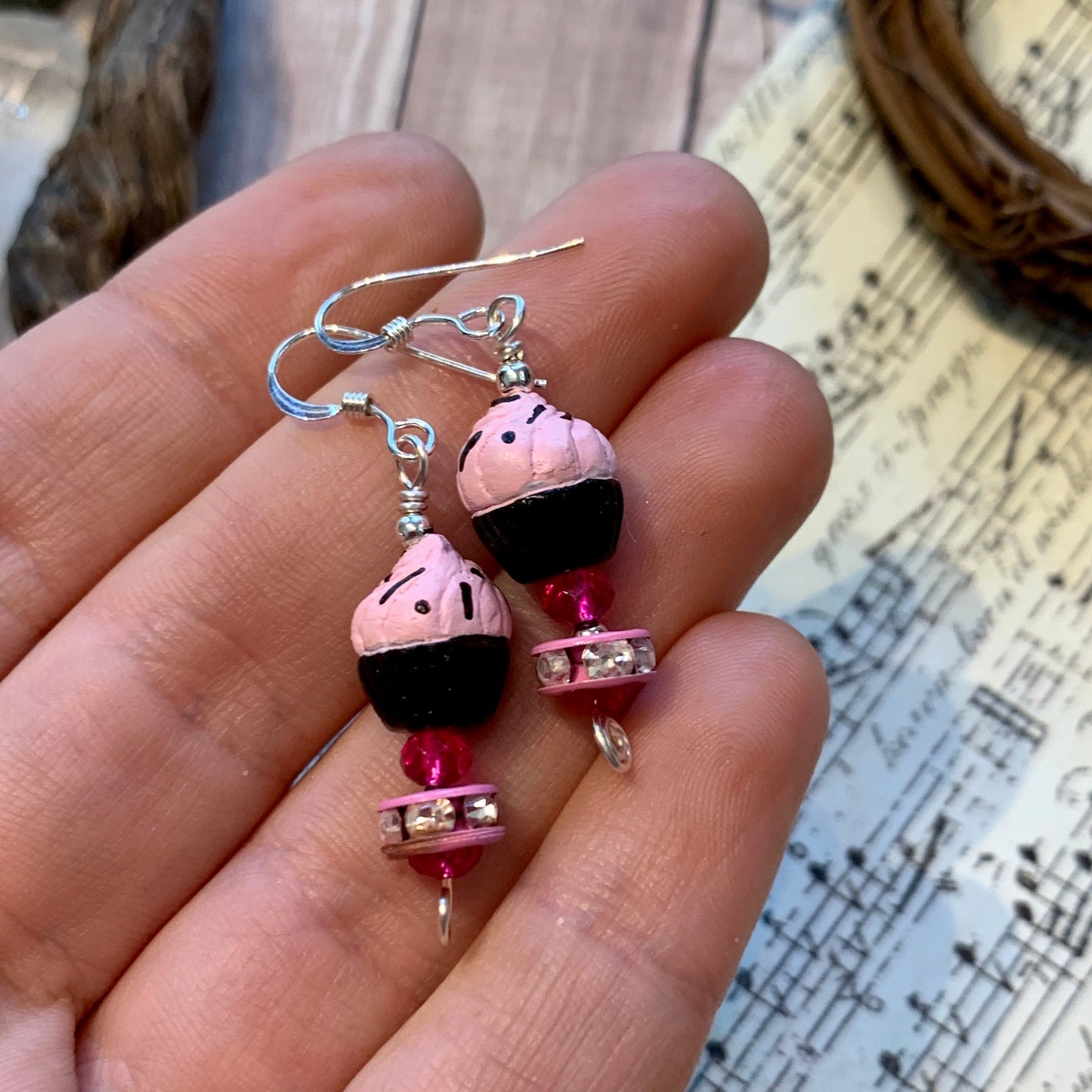 Tiny Evil Genius Earrings: pink and brown cupcakes