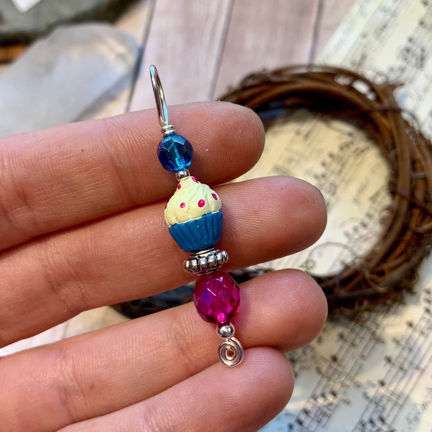 Tiny Evil Genius Pendant: blue and pink cupcake pendant