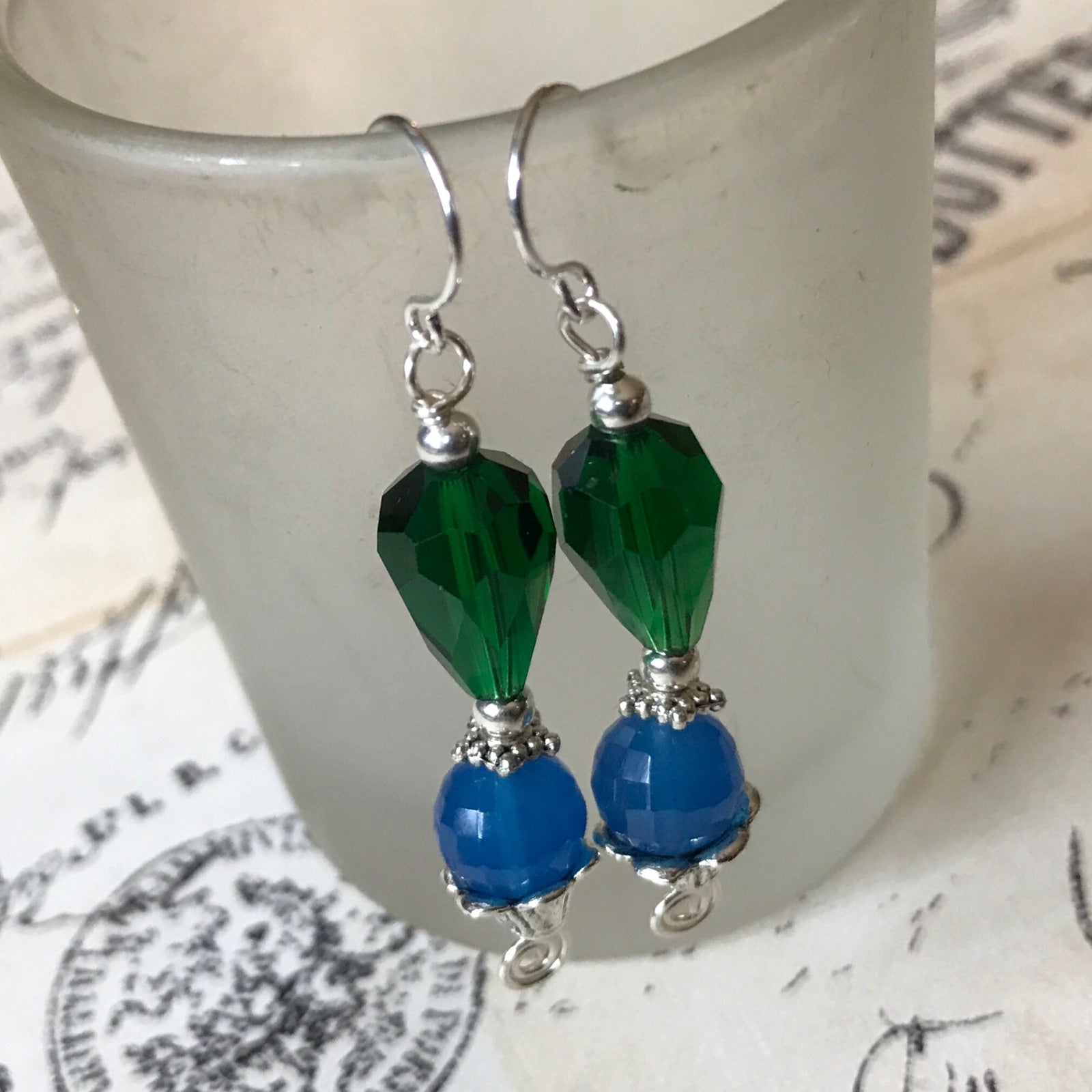 Tiny Evil Genius Earrings: green & blue 1 – Wyrding Studios