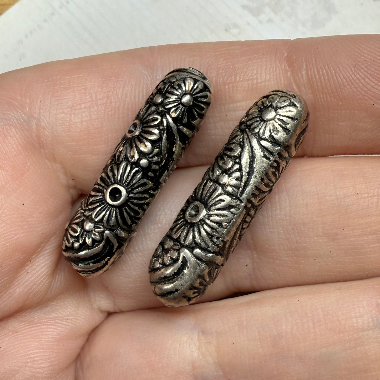 Vintage Metallic Floral Tube Beads