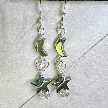 Hematite Moon & Star earrings - green