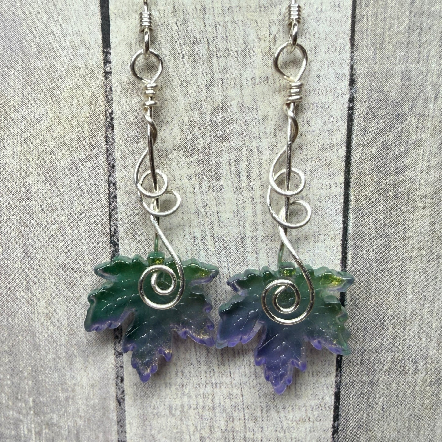 under summer skies: green and purple leaf earrings