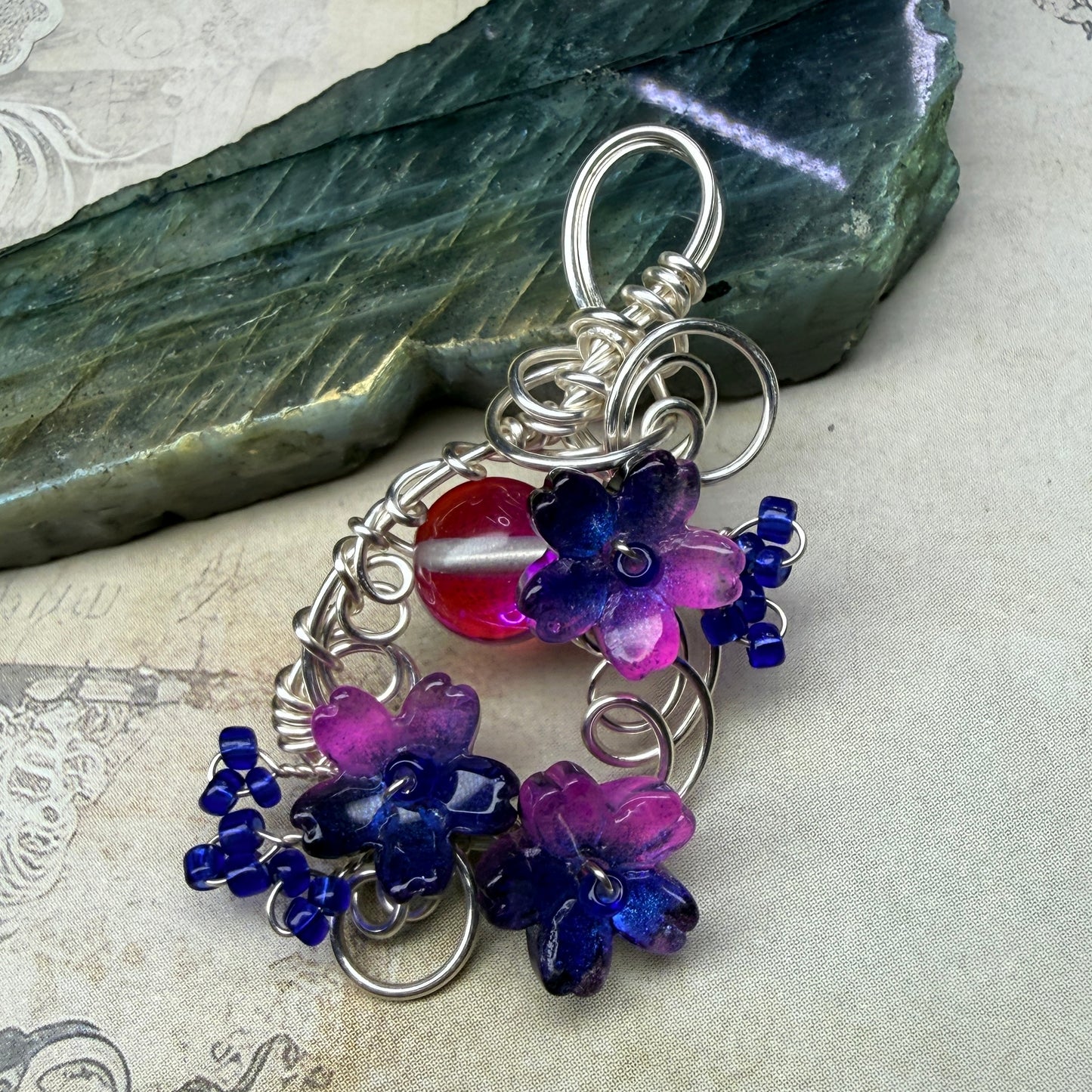 under summer skies: pink and blue floral pendant #1