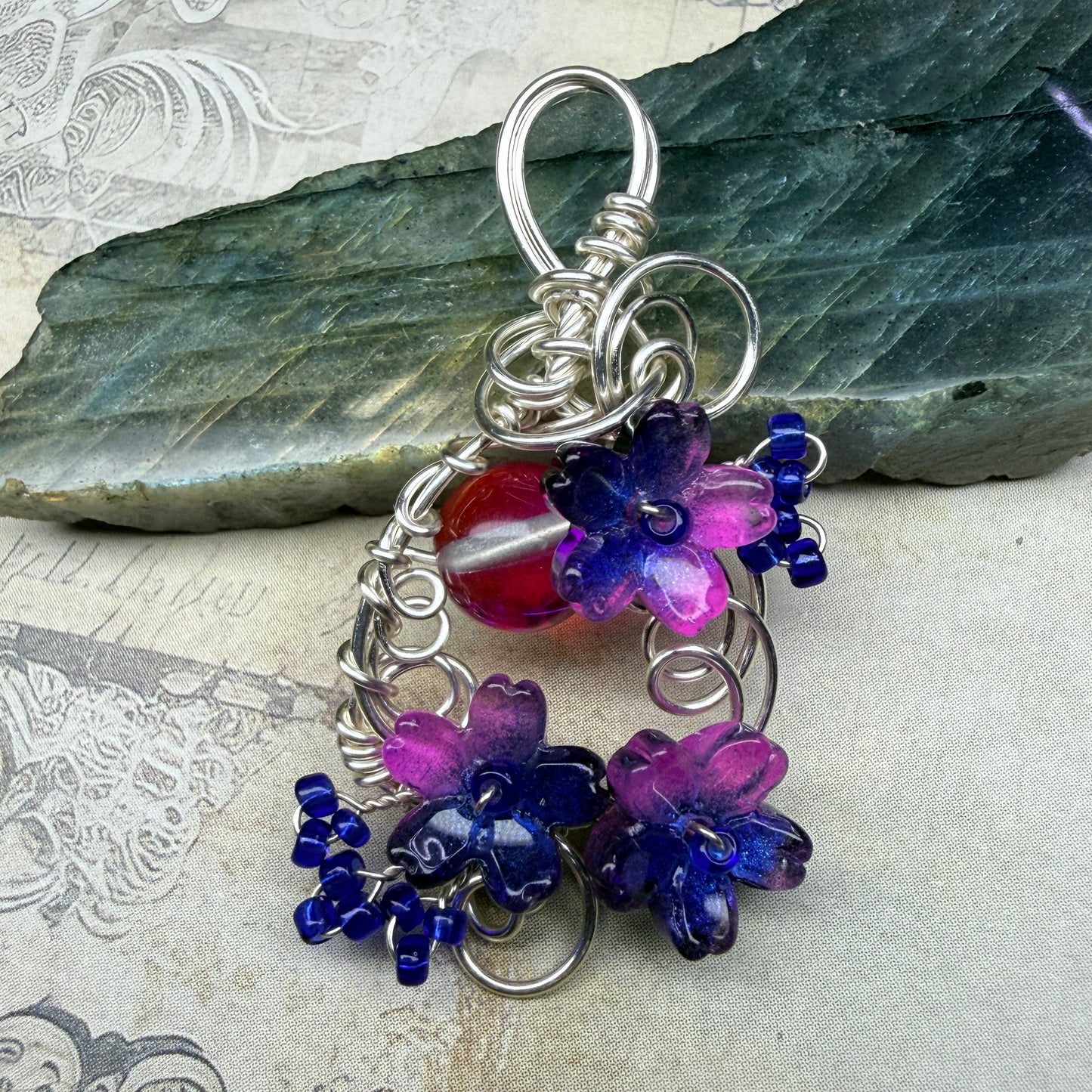 under summer skies: pink and blue floral pendant #1