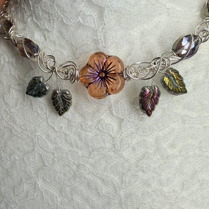 under summer skies: shimmery flower and leaf necklace
