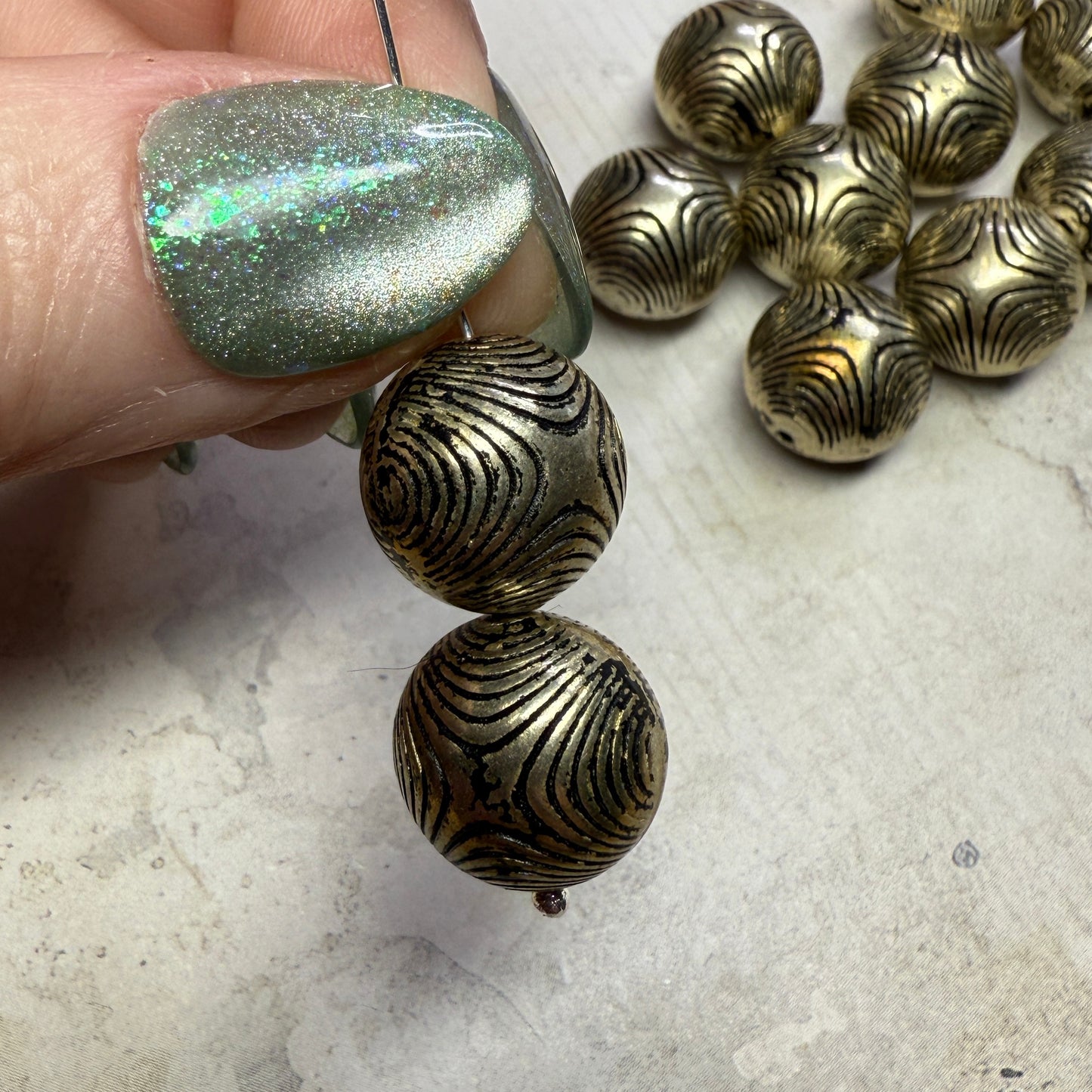 Vintage Metallic Light Gold Textured Round Beads
