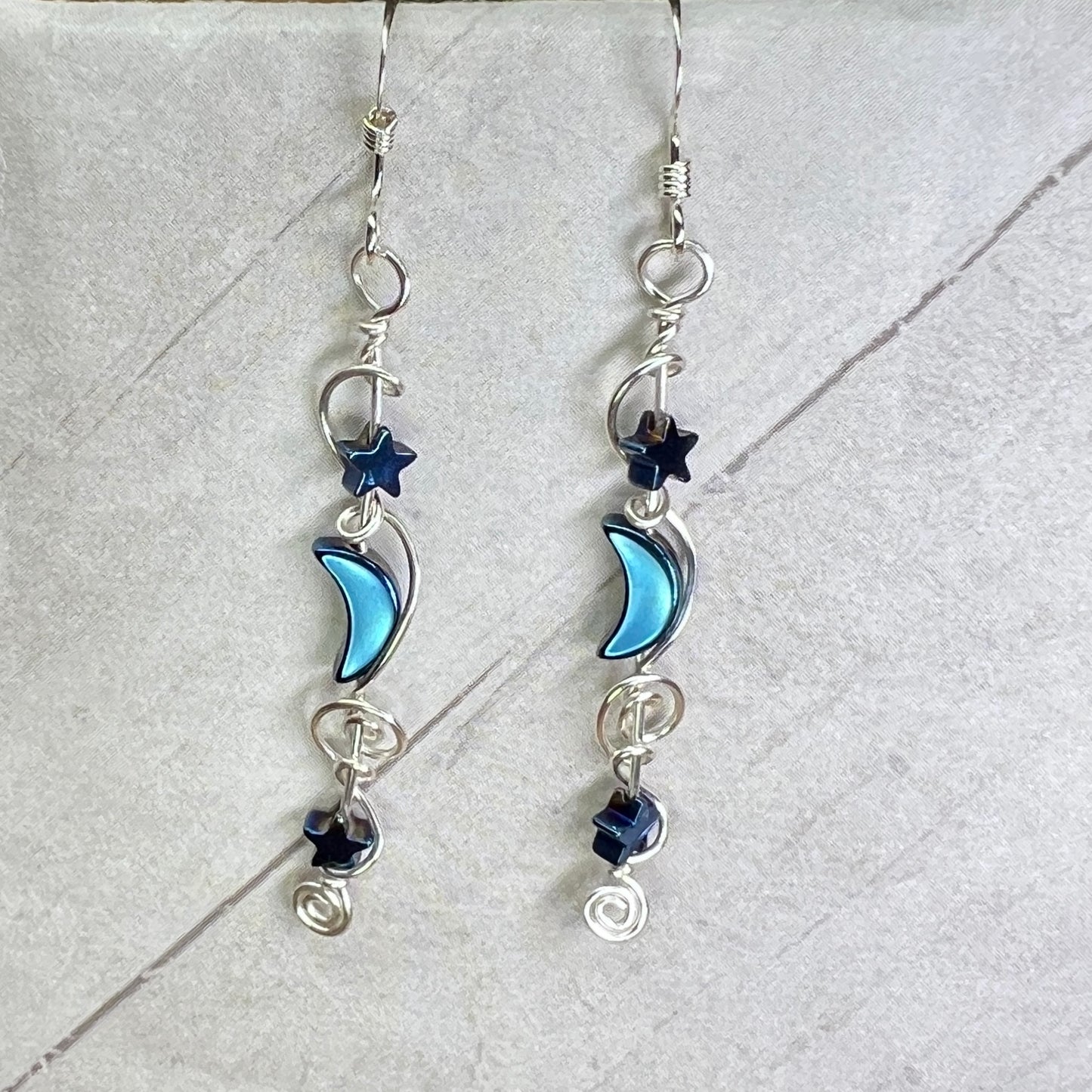 Hematite Moon & Star earrings - blue