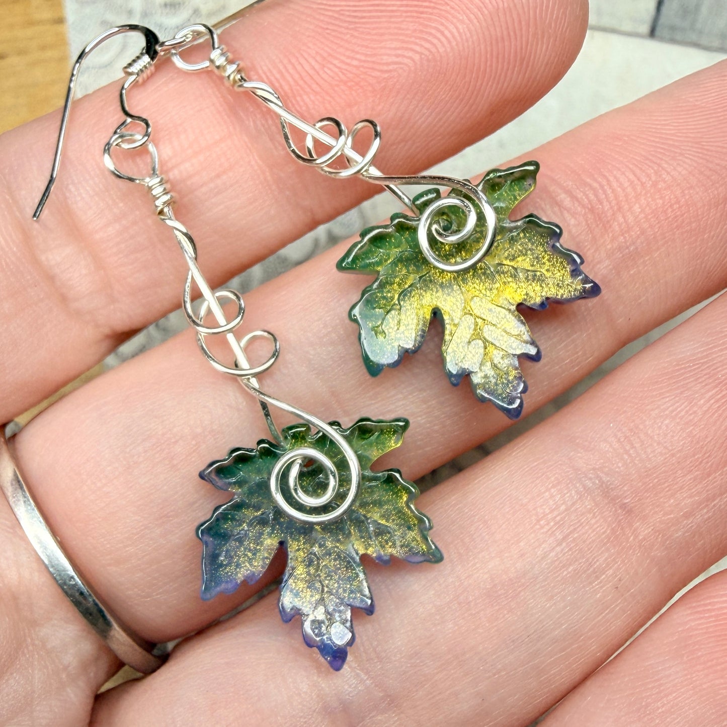 under summer skies: green and purple leaf earrings