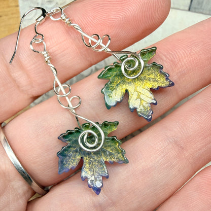 under summer skies: green and purple leaf earrings