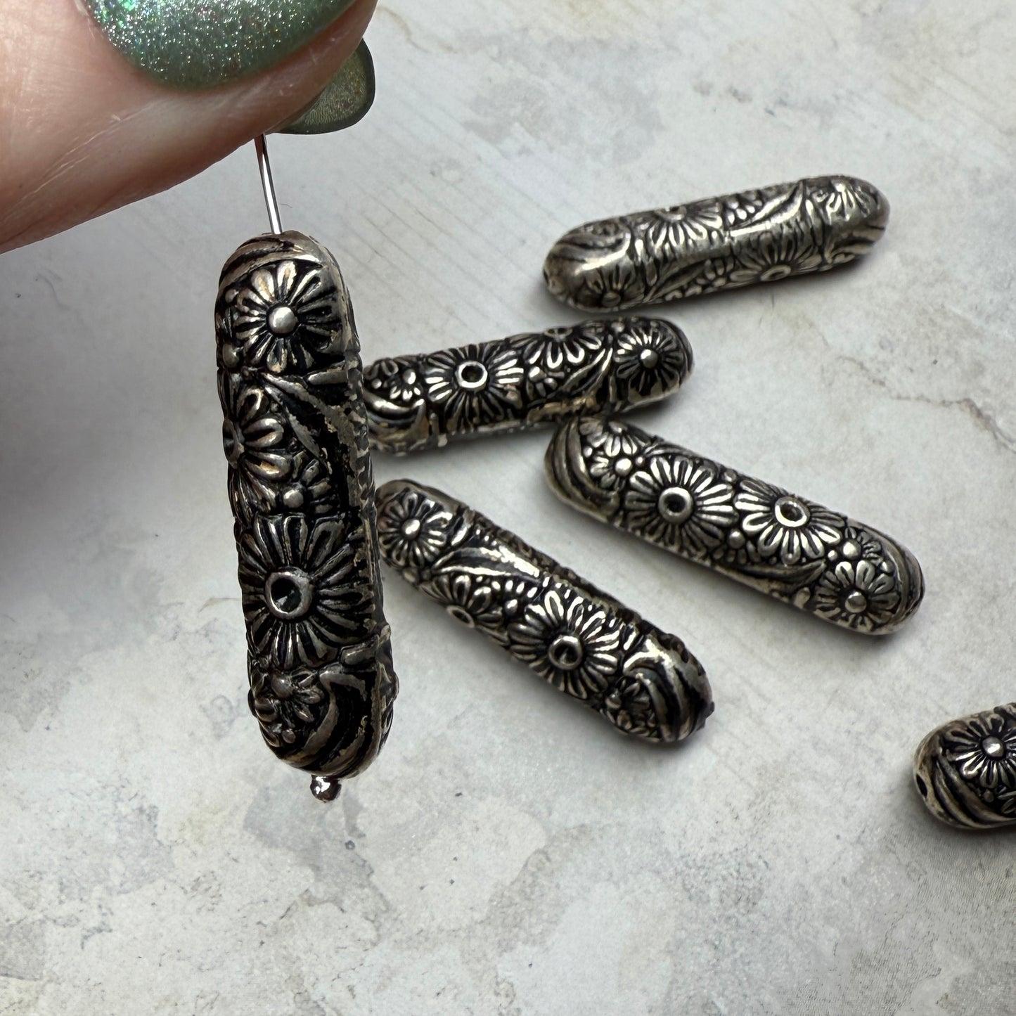 Vintage Metallic Floral Tube Beads