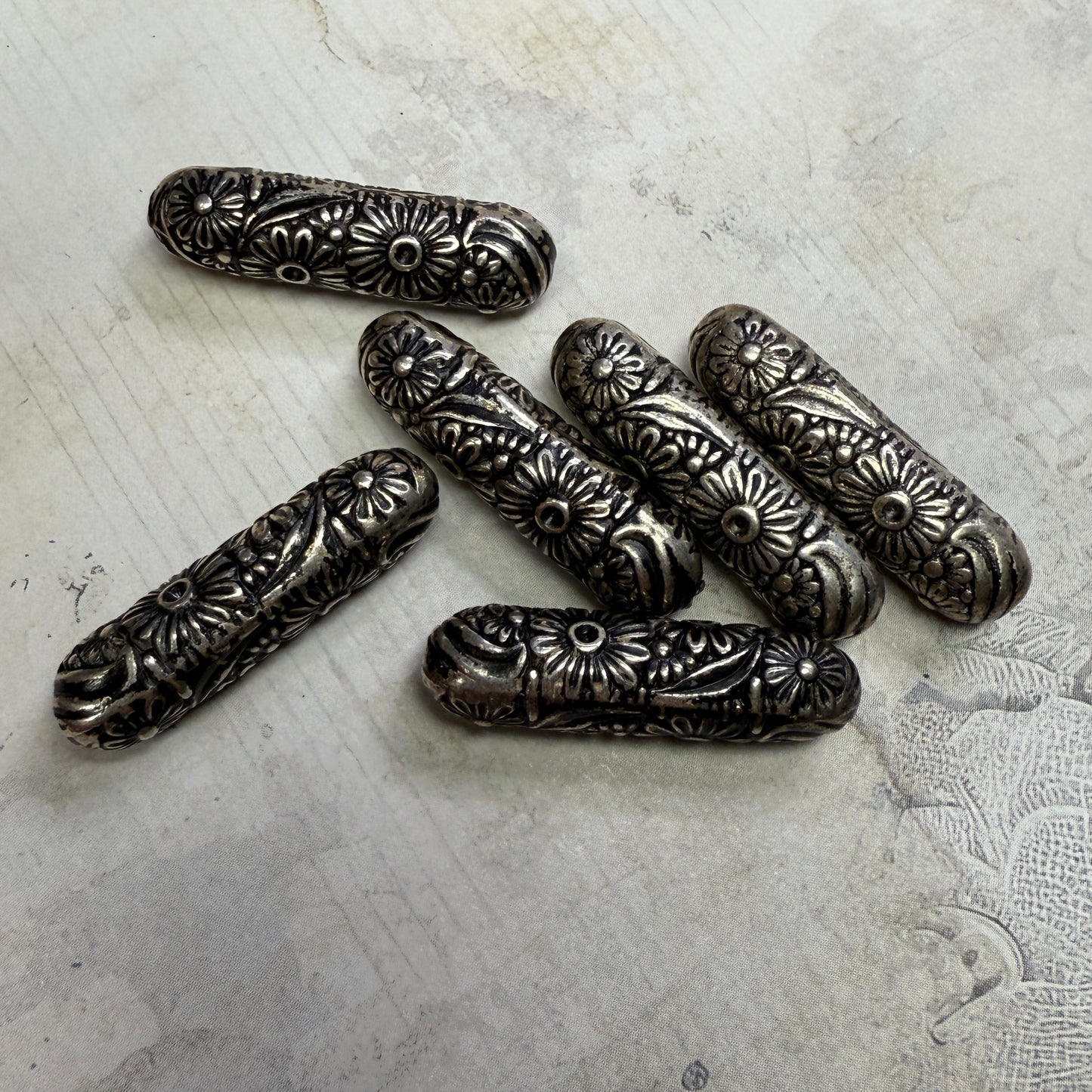 Vintage Metallic Floral Tube Beads