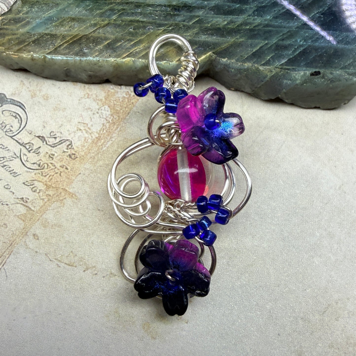 under summer skies: pink and blue floral pendant #2