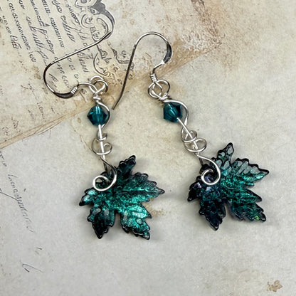 under summer skies: dark teal leaf earrings