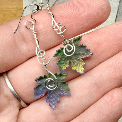 under summer skies: green and purple leaf earrings