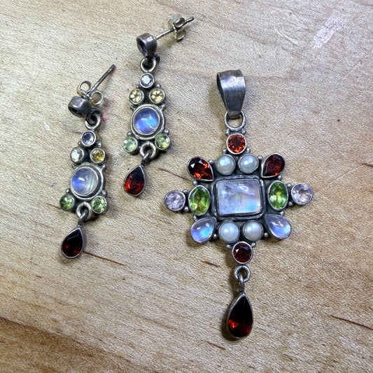 Multi-gemstone pendant & earrings set - AS IS