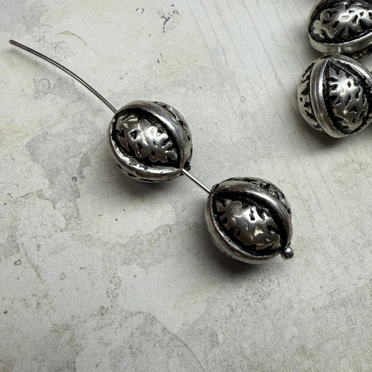 Vintage Metallic Silver Textured Round Beads