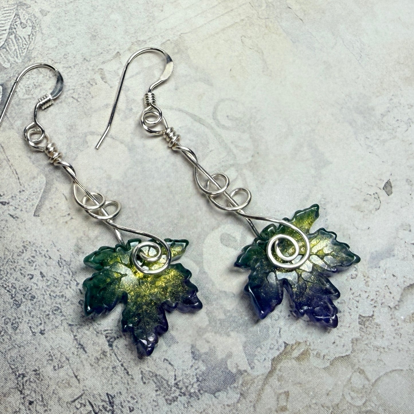 under summer skies: green and purple leaf earrings