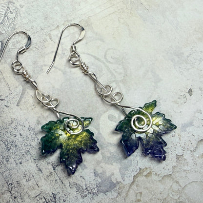 under summer skies: green and purple leaf earrings