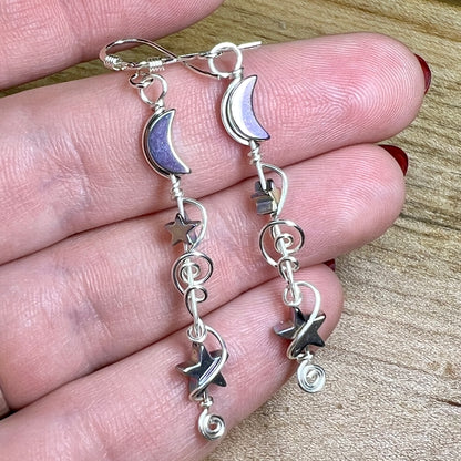 Hematite Moon & Star earrings - light rainbow