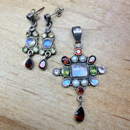 Multi-gemstone pendant & earrings set - AS IS