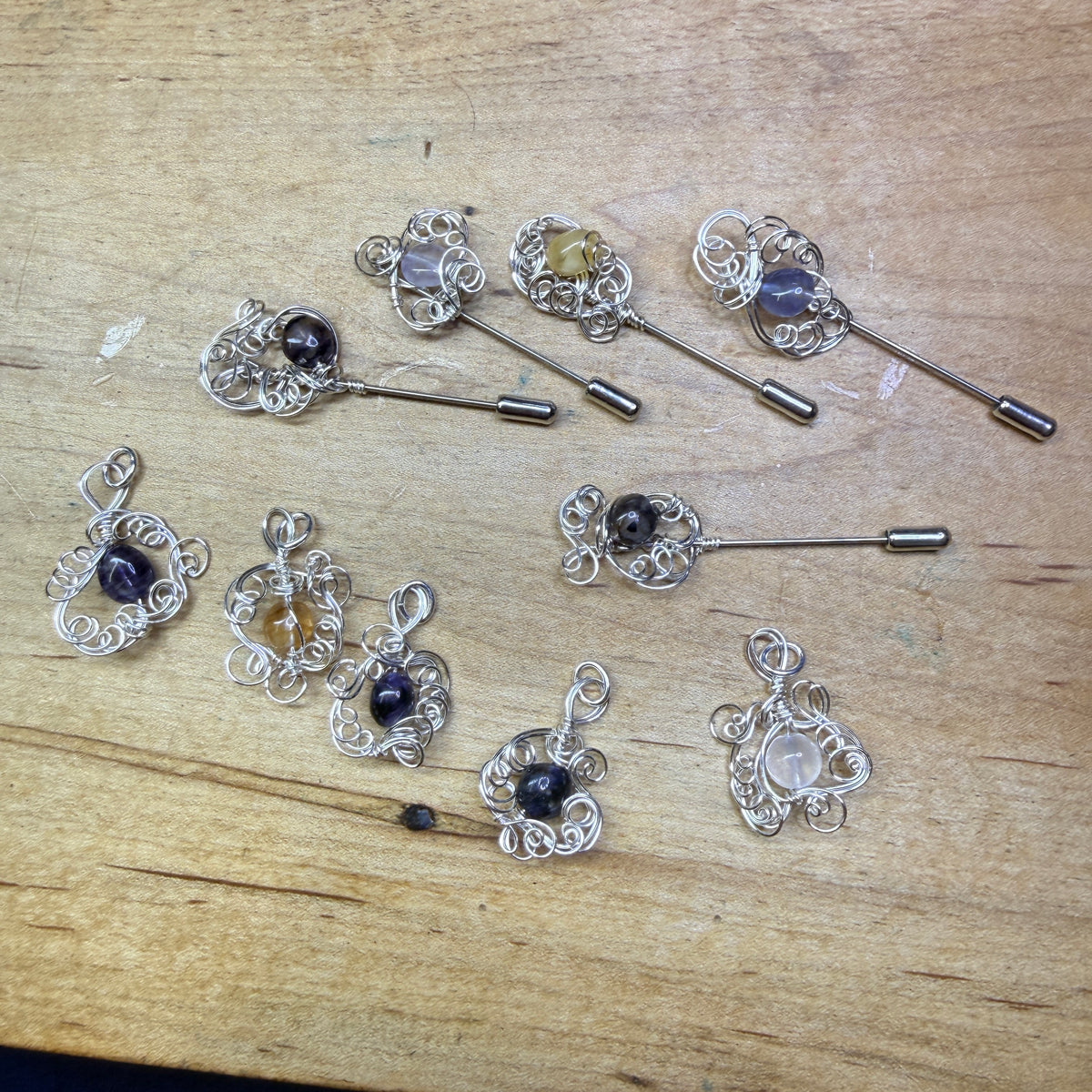 Lilac cascade and Blue John pendants/pins