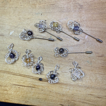 Lilac cascade and Blue John pendants/pins