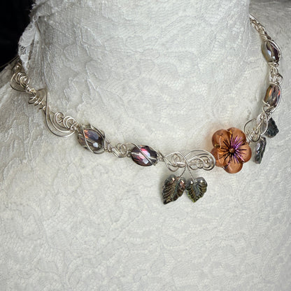 under summer skies: shimmery flower and leaf necklace