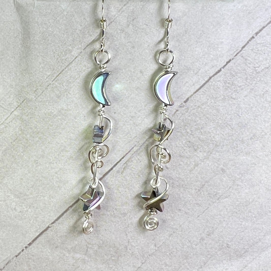 Hematite Moon & Star earrings - light rainbow