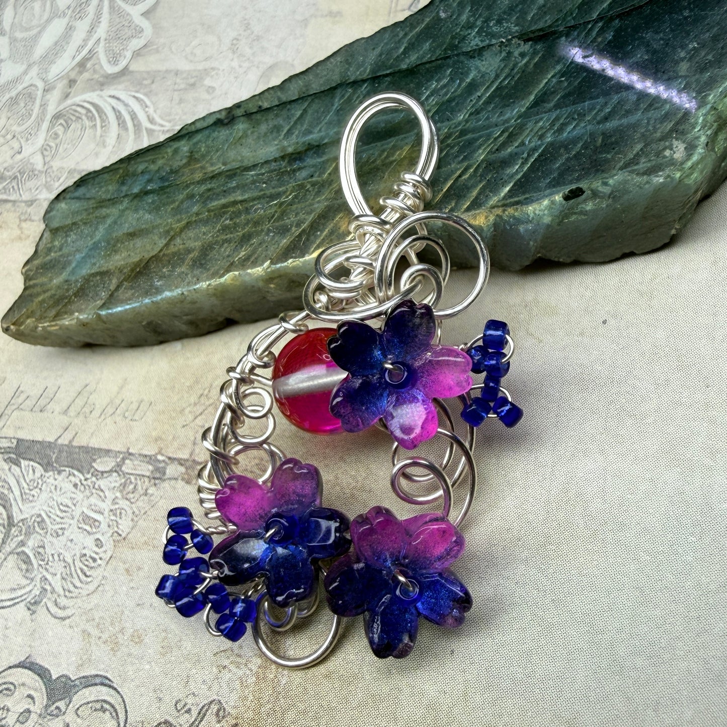 under summer skies: pink and blue floral pendant #1