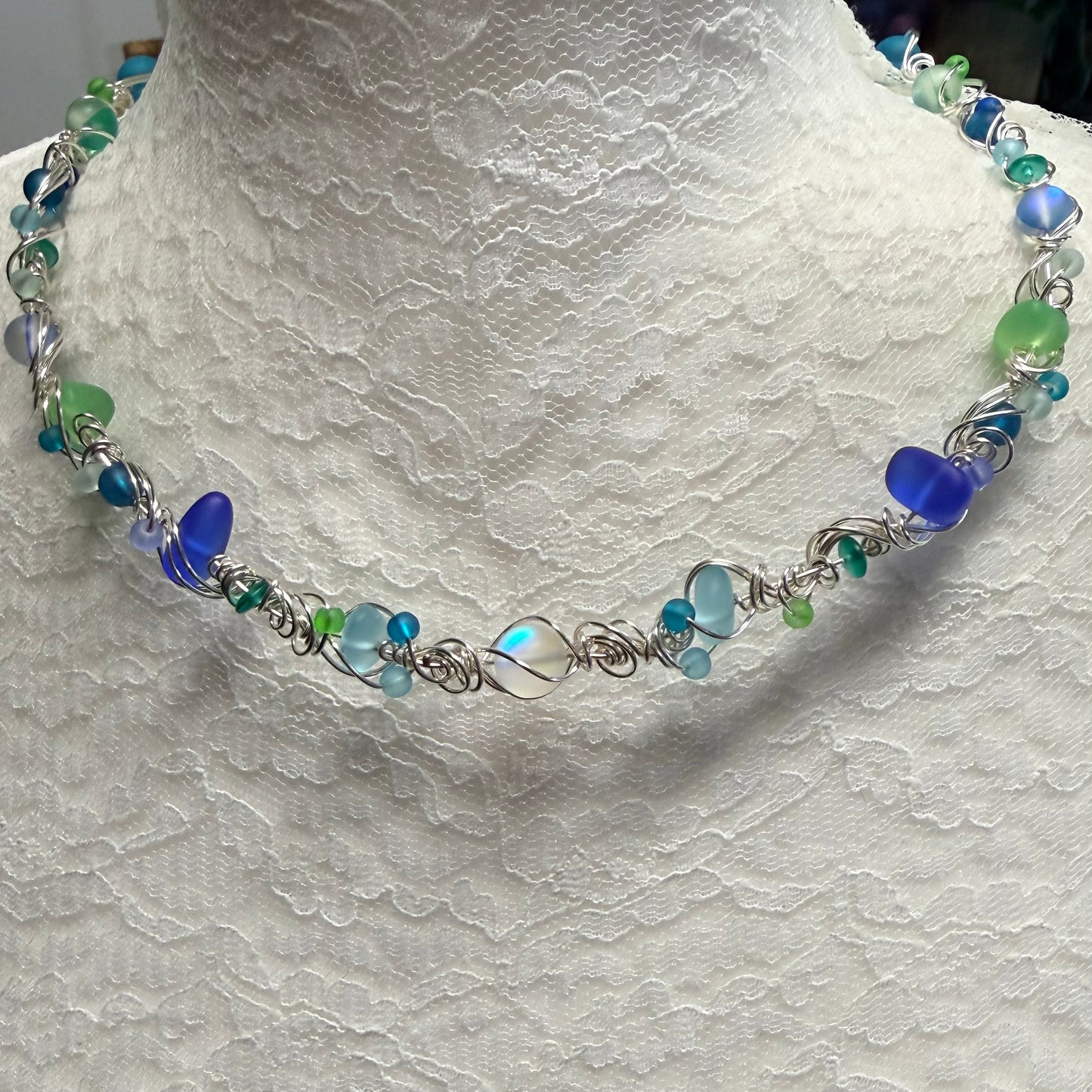 Mermaid Summer - blue/green/teal/white necklace