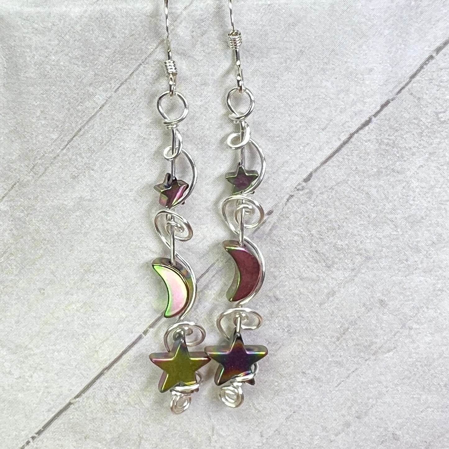 Hematite Moon & Star earrings - pink/green