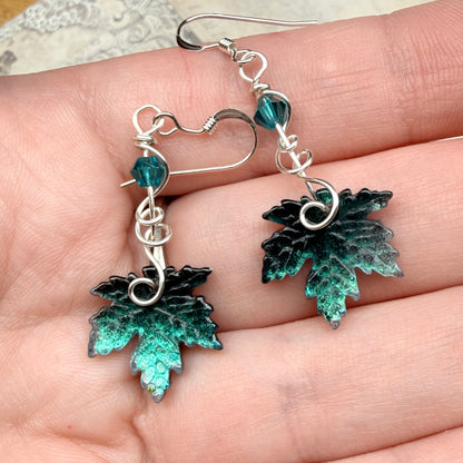 under summer skies: dark teal leaf earrings