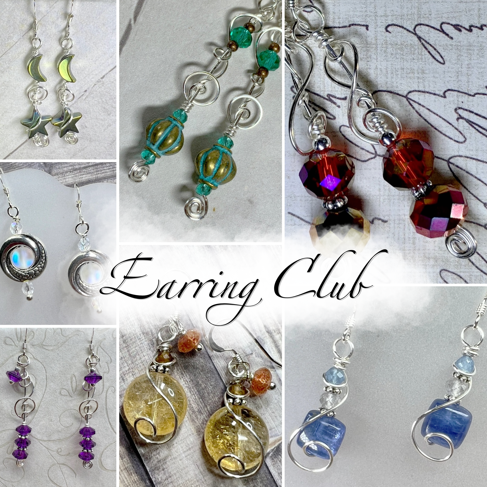 A collage of colorful wire and gemstone or glass earrings with the words "Earring Club" superimposed in swirly black lettering.