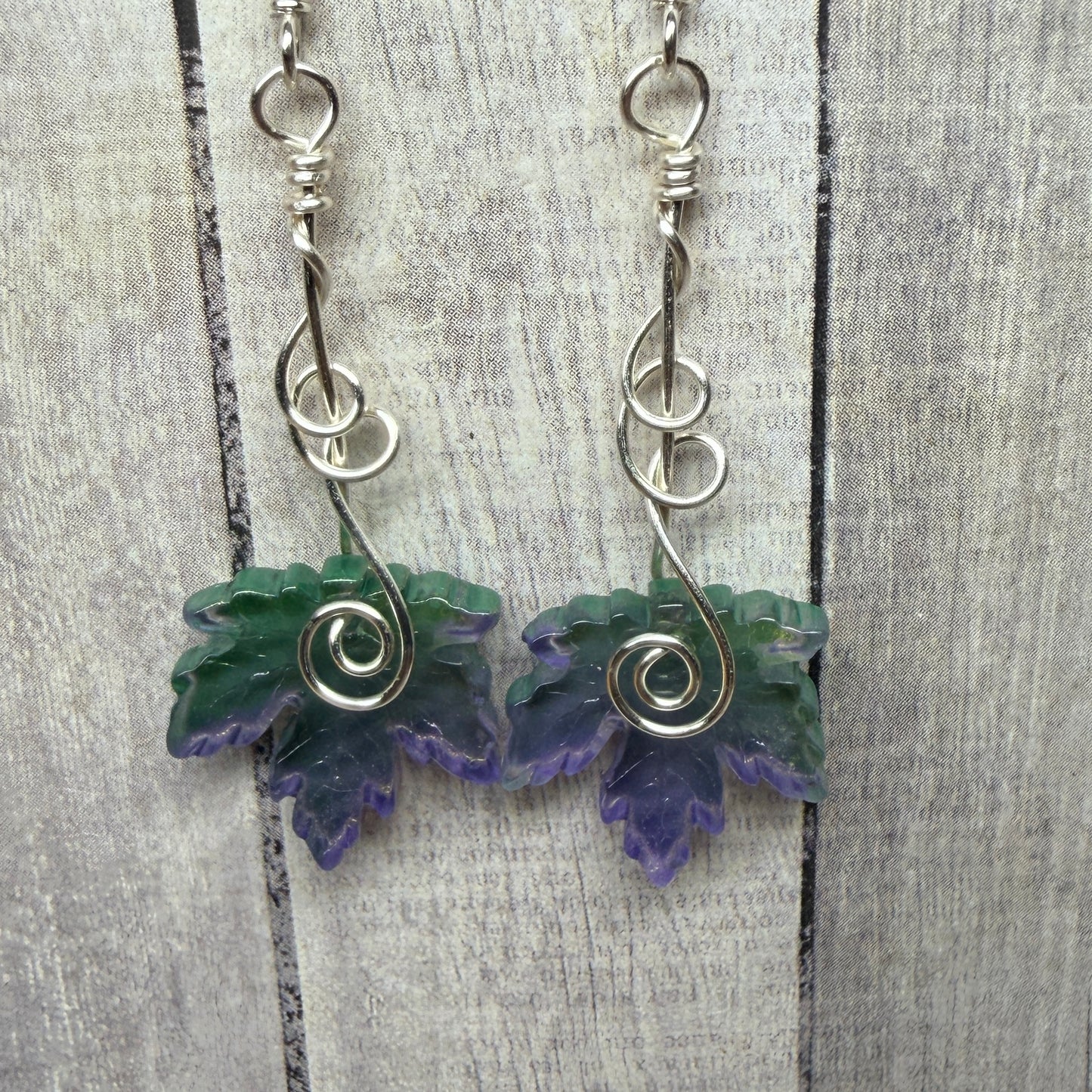 under summer skies: green and purple leaf earrings