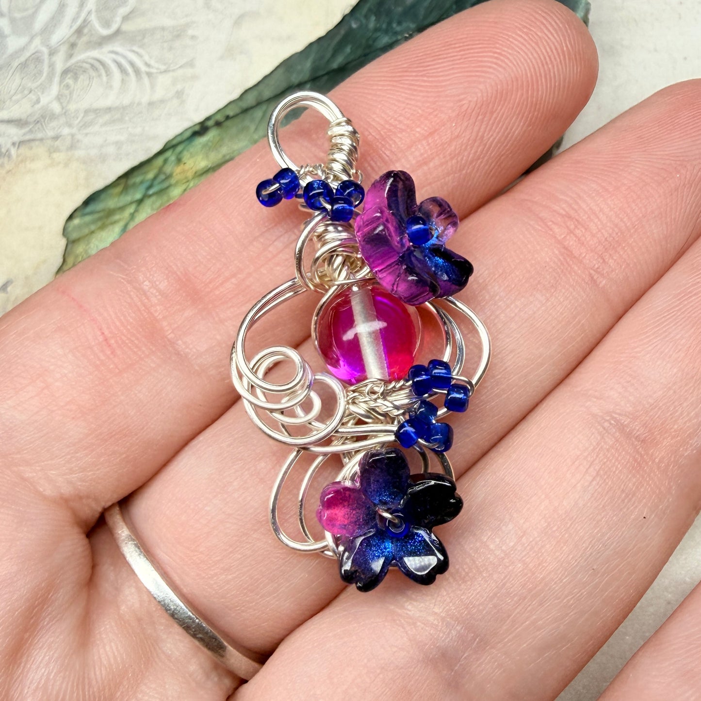 under summer skies: pink and blue floral pendant #2