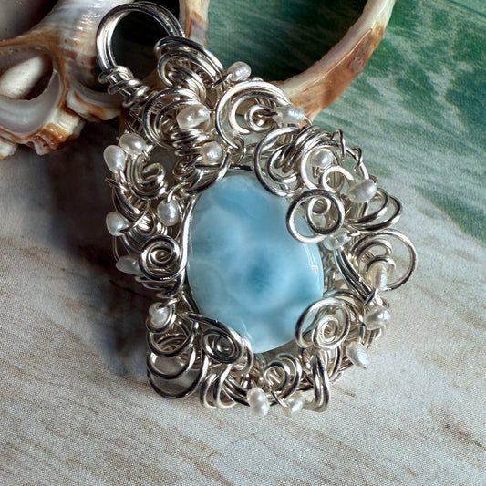 on the turning tide -  larimar & pearls pendant