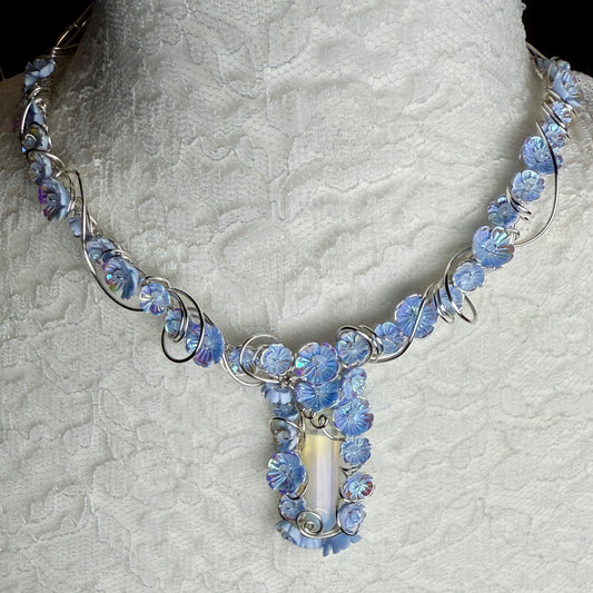 on the turning tide - sea opal and flower necklace