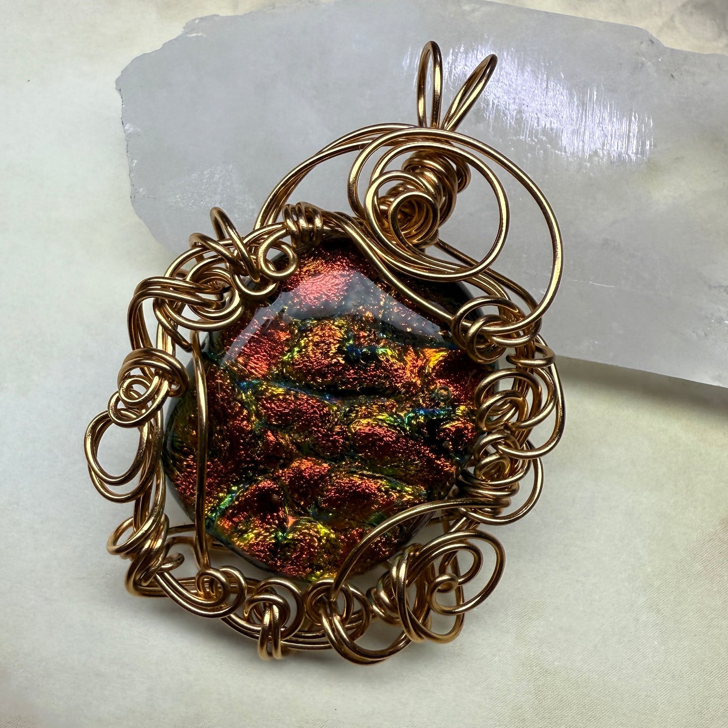 in the waiting woods - orange dichroic glass pendant